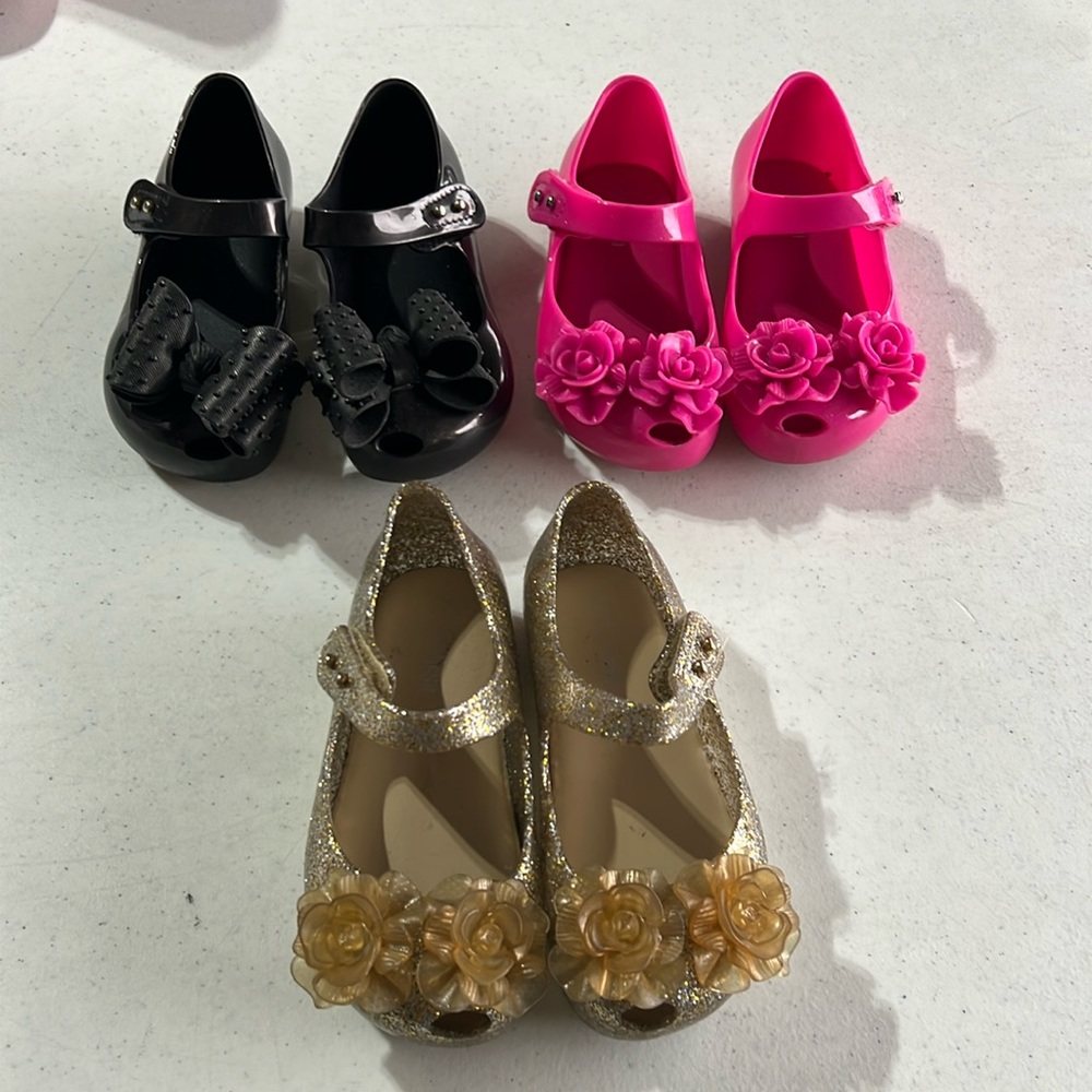 EUC Lot of 3 Mini Melissa Girl Shoes Size 8 Pink Black Gold